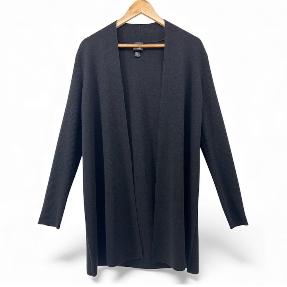 EILEEN FISHER Black 100% Wool Italian Yarn Rib Knit‎ Long Cardigan Sweater M